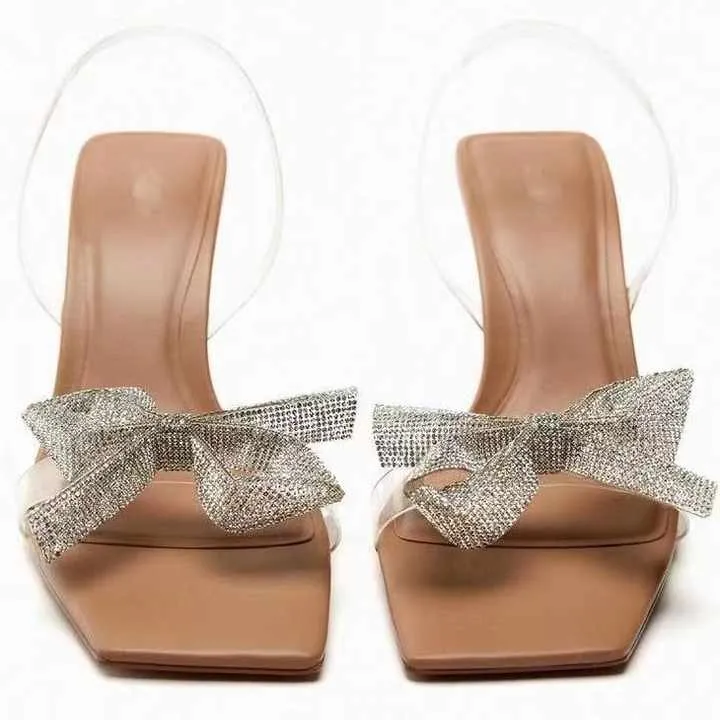 حذاء نسائي بكعب عالٍ شفاف مزين بعقدة فيونكة،Women's transparent high heel shoes with bow knot decoration