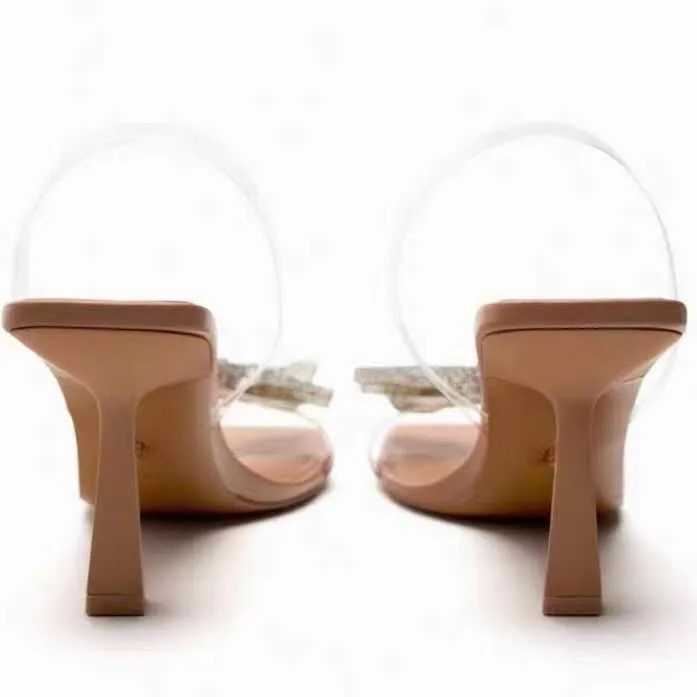 حذاء نسائي بكعب عالٍ شفاف مزين بعقدة فيونكة،Women's transparent high heel shoes with bow knot decoration