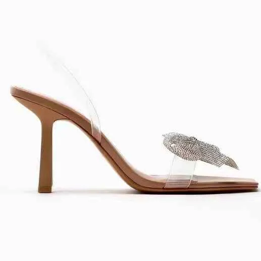 حذاء نسائي بكعب عالٍ شفاف مزين بعقدة فيونكة،Women's transparent high heel shoes with bow knot decoration