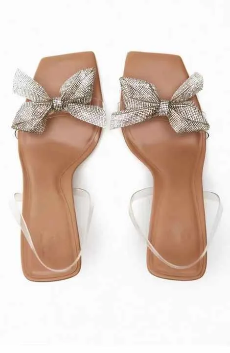 حذاء نسائي بكعب عالٍ شفاف مزين بعقدة فيونكة،Women's transparent high heel shoes with bow knot decoration