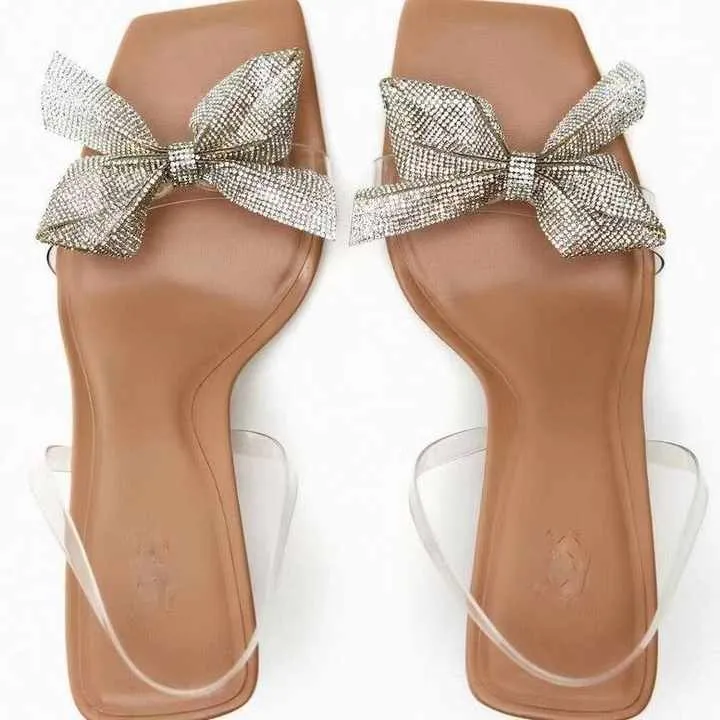 حذاء نسائي بكعب عالٍ شفاف مزين بعقدة فيونكة،Women's transparent high heel shoes with bow knot decoration
