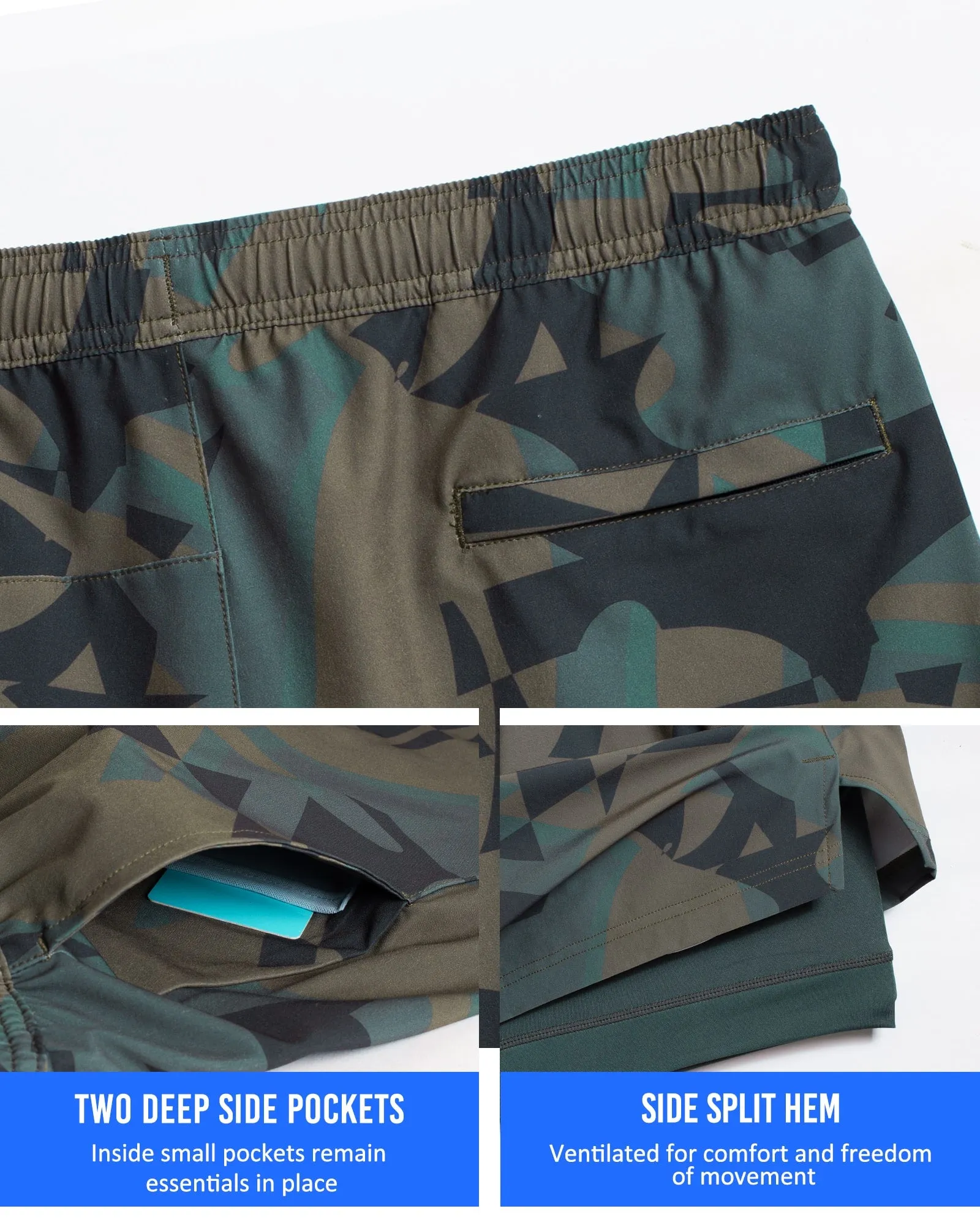 2 in 1 Stretch Short Lined Green Camo Gym Shorts