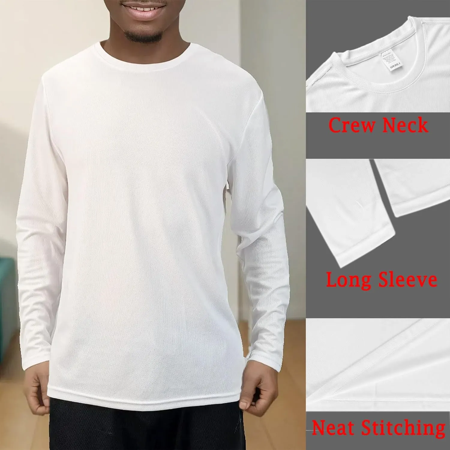 2 Pack Mens Long Sleeve Tee Shirts, Crewneck Quick Dry Breathable Athletic Activewear Running Polyester T-Shirt