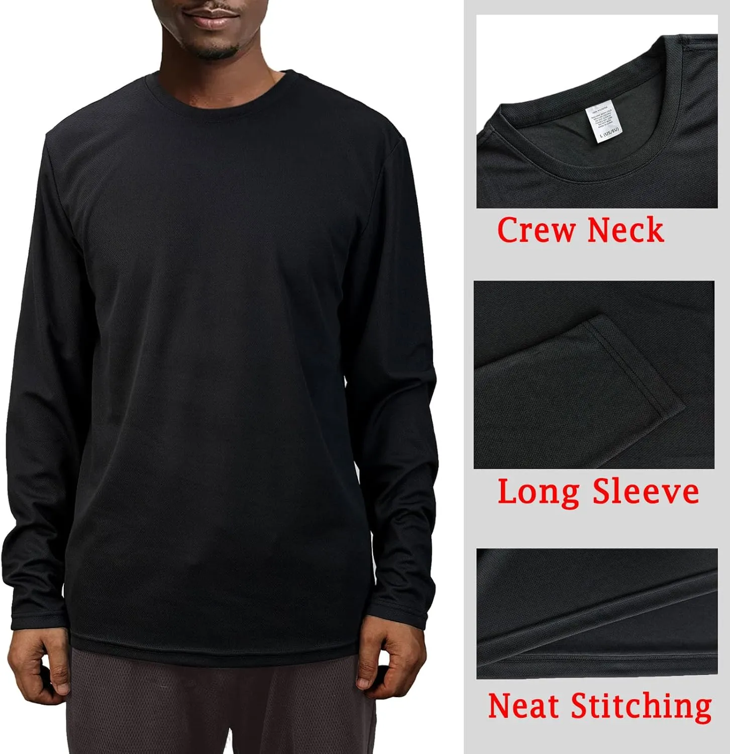 2 Pack Mens Long Sleeve Tee Shirts, Crewneck Quick Dry Breathable Athletic Activewear Running Polyester T-Shirt