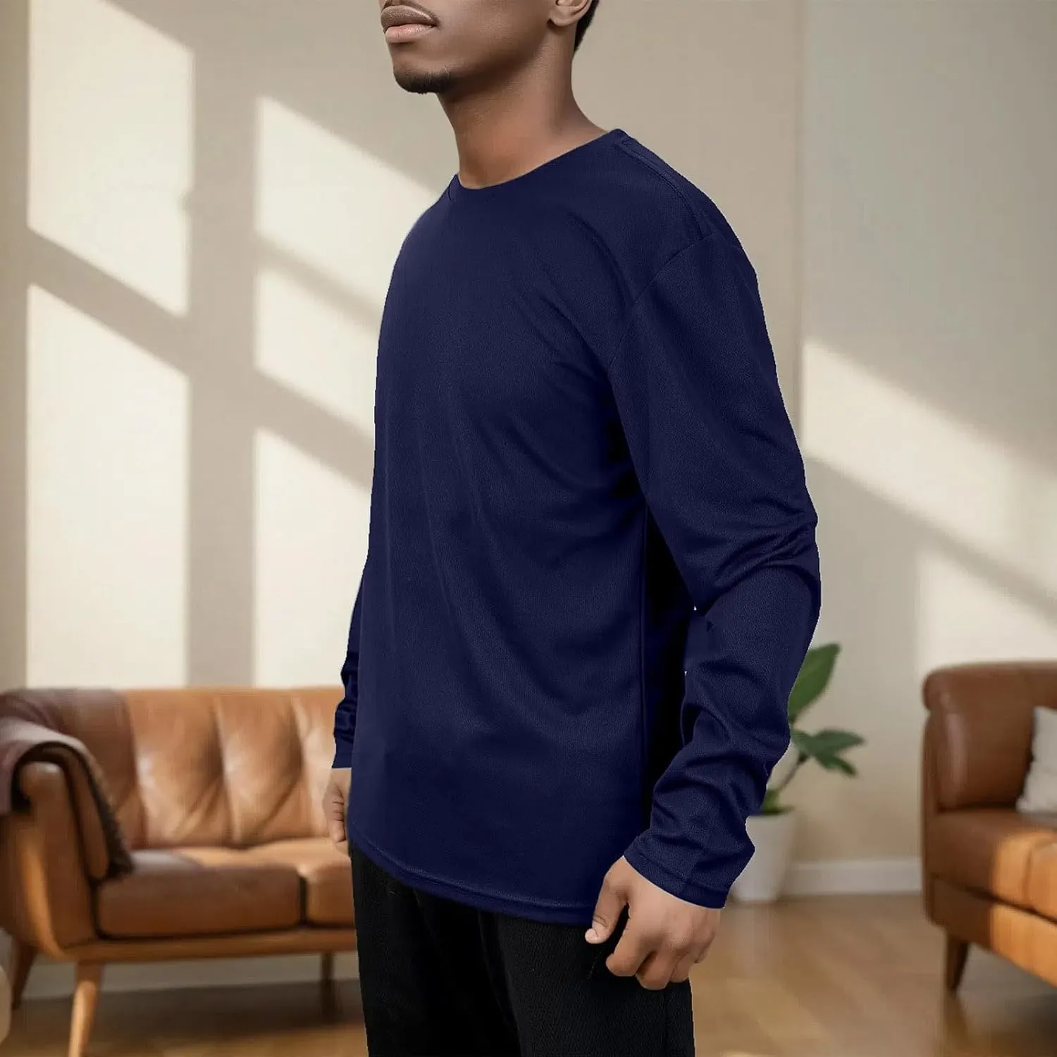 2 Pack Mens Long Sleeve Tee Shirts, Crewneck Quick Dry Breathable Athletic Activewear Running Polyester T-Shirt