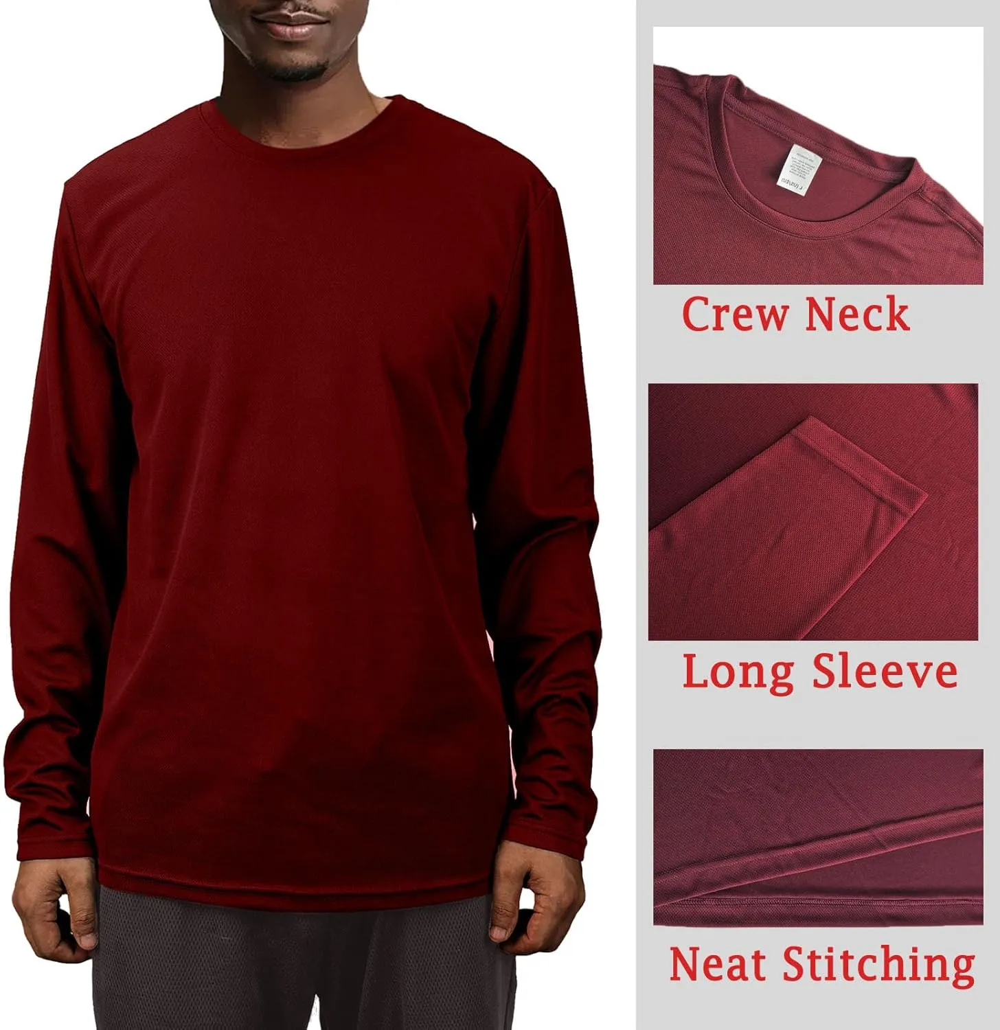 2 Pack Mens Long Sleeve Tee Shirts, Crewneck Quick Dry Breathable Athletic Activewear Running Polyester T-Shirt