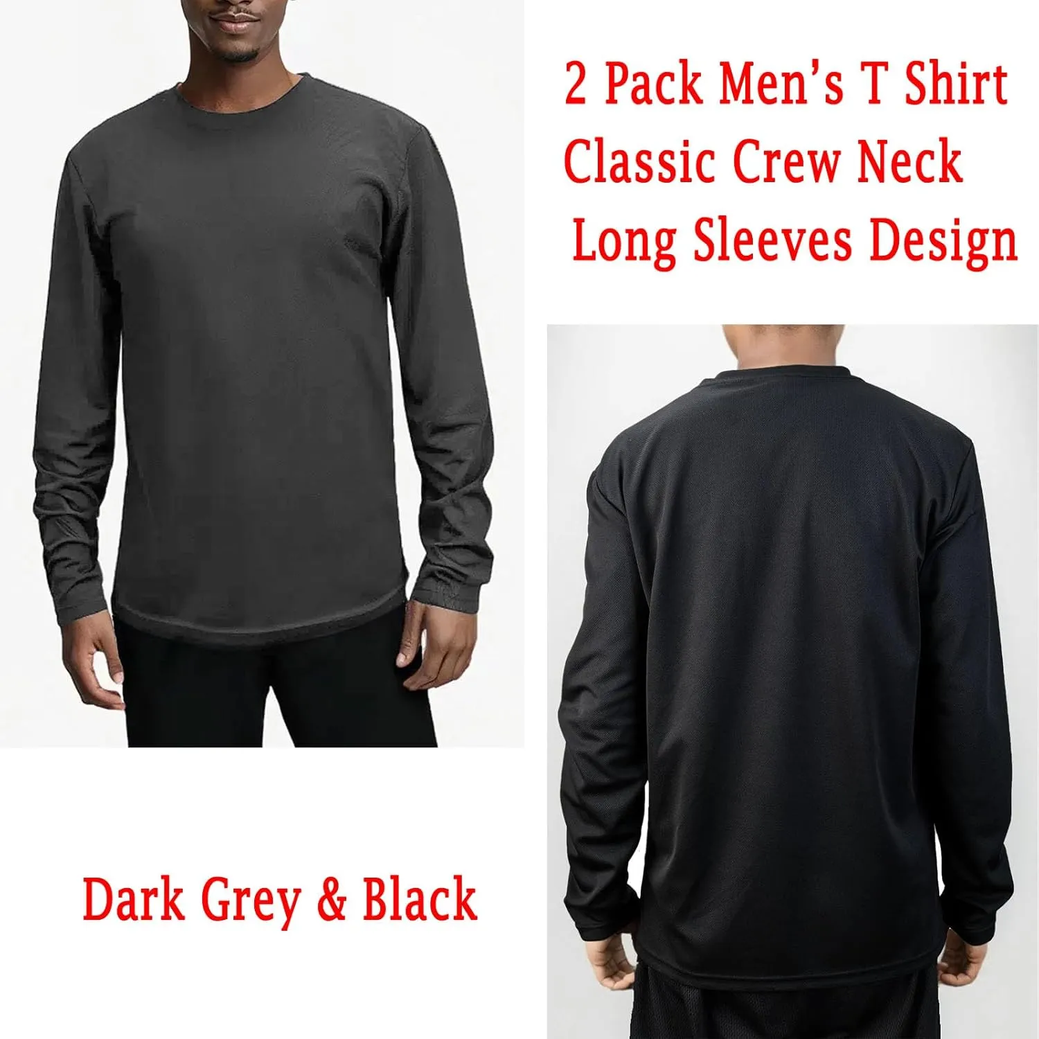 2 Pack Mens Long Sleeve Tee Shirts, Crewneck Quick Dry Breathable Athletic Activewear Running Polyester T-Shirt