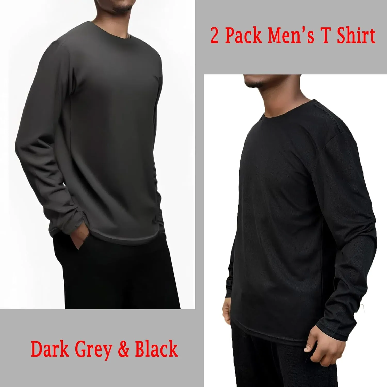 2 Pack Mens Long Sleeve Tee Shirts, Crewneck Quick Dry Breathable Athletic Activewear Running Polyester T-Shirt