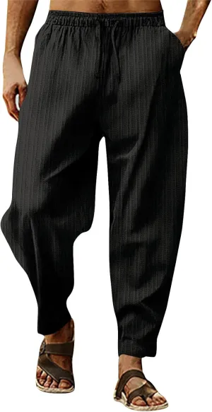 2023 Mens Linen Harem Capri Pants Plus Size Lightweight Loose Drawstring Elastic Waist Trousers Casual Beach Yoga Sweatpants