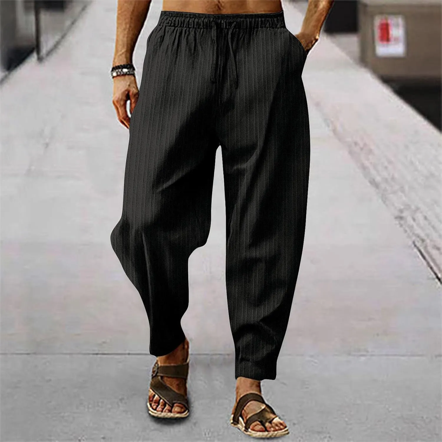 2023 Mens Linen Harem Capri Pants Plus Size Lightweight Loose Drawstring Elastic Waist Trousers Casual Beach Yoga Sweatpants