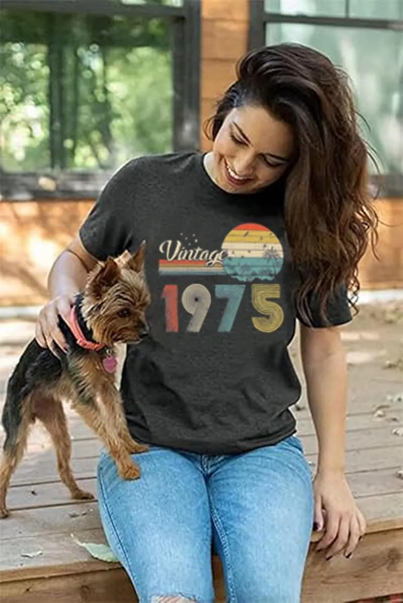 50th Birthday Gift for Women Vintage 1975 Shirts Letter Print Retro Birthday Tops Casual Short Sleeve Tee