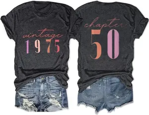 50th Birthday Gift for Women Vintage 1975 Shirts Letter Print Retro Birthday Tops Casual Short Sleeve Tee