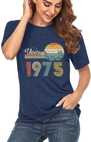 50th Birthday Gift for Women Vintage 1975 Shirts Letter Print Retro Birthday Tops Casual Short Sleeve Tee