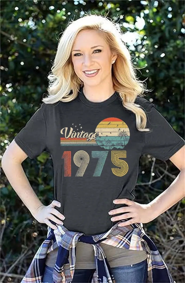 50th Birthday Gift for Women Vintage 1975 Shirts Letter Print Retro Birthday Tops Casual Short Sleeve Tee