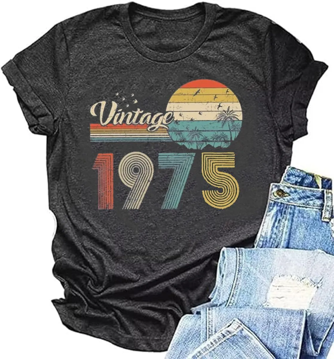 50th Birthday Gift for Women Vintage 1975 Shirts Letter Print Retro Birthday Tops Casual Short Sleeve Tee