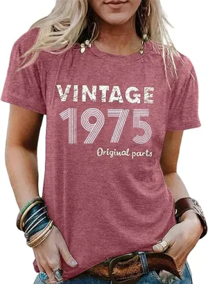 50th Birthday Gift for Women Vintage 1975 Shirts Letter Print Retro Birthday Tops Casual Short Sleeve Tee