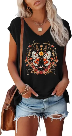 Anbech Cap Sleeve Tops Women Graphic V Neck Shirt Solid Print Casual T-Shirts