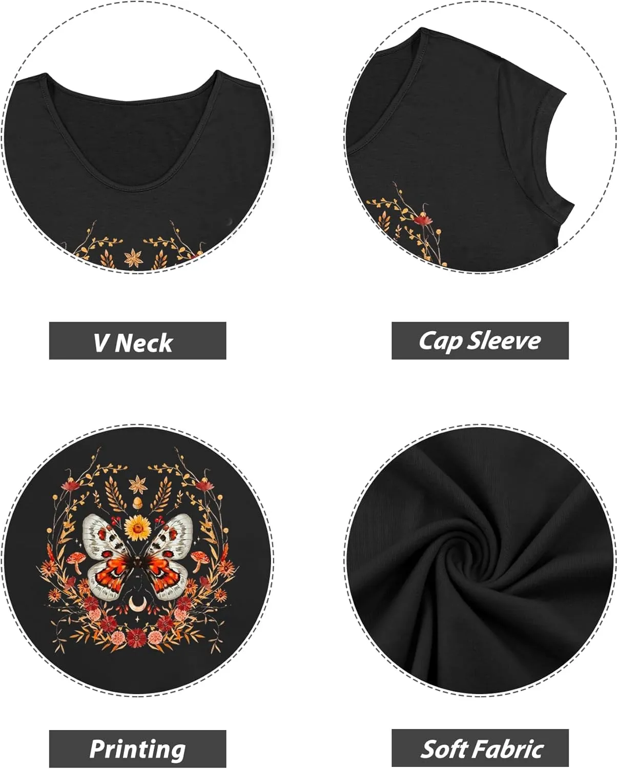 Anbech Cap Sleeve Tops Women Graphic V Neck Shirt Solid Print Casual T-Shirts