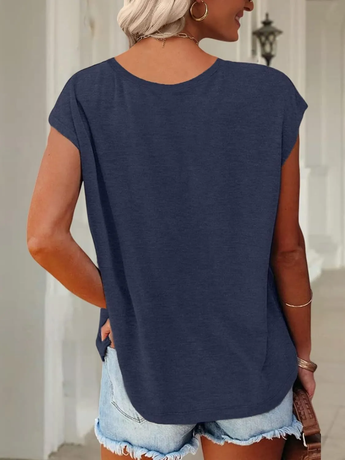 Anbech Cap Sleeve Tops Women Graphic V Neck Shirt Solid Print Casual T-Shirts