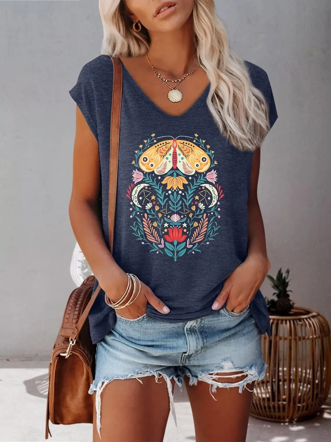 Anbech Cap Sleeve Tops Women Graphic V Neck Shirt Solid Print Casual T-Shirts
