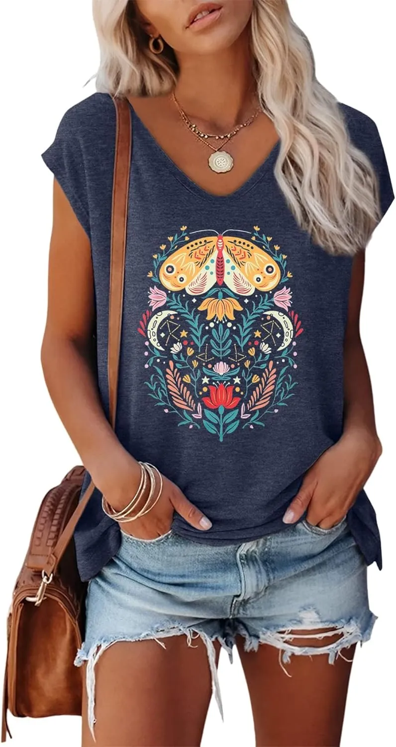 Anbech Cap Sleeve Tops Women Graphic V Neck Shirt Solid Print Casual T-Shirts