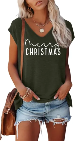 Anbech Cap Sleeve Tops Women Graphic V Neck Shirt Solid Print Casual T-Shirts