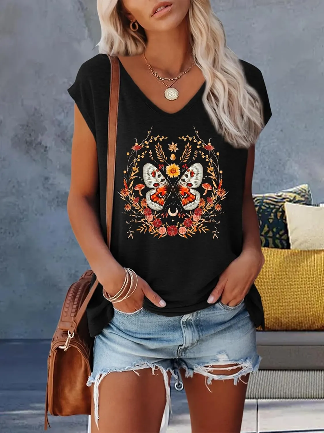 Anbech Cap Sleeve Tops Women Graphic V Neck Shirt Solid Print Casual T-Shirts