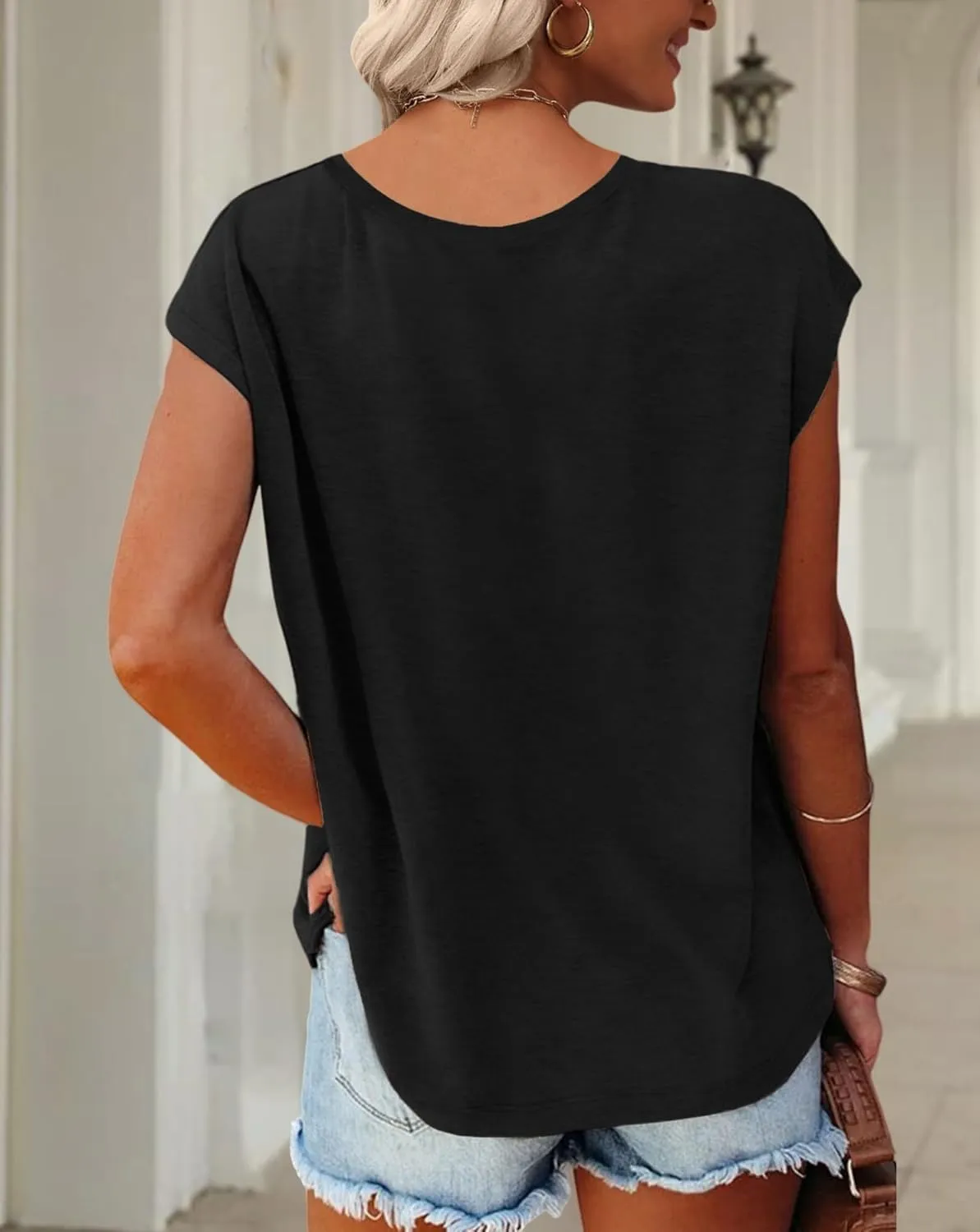 Anbech Cap Sleeve Tops Women Graphic V Neck Shirt Solid Print Casual T-Shirts