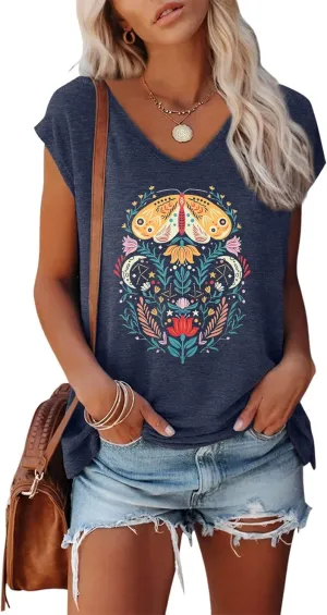 Anbech Cap Sleeve Tops Women Graphic V Neck Shirt Solid Print Casual T-Shirts