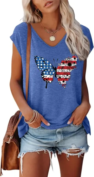 Anbech Cap Sleeve Tops Women Graphic V Neck Shirt Solid Print Casual T-Shirts