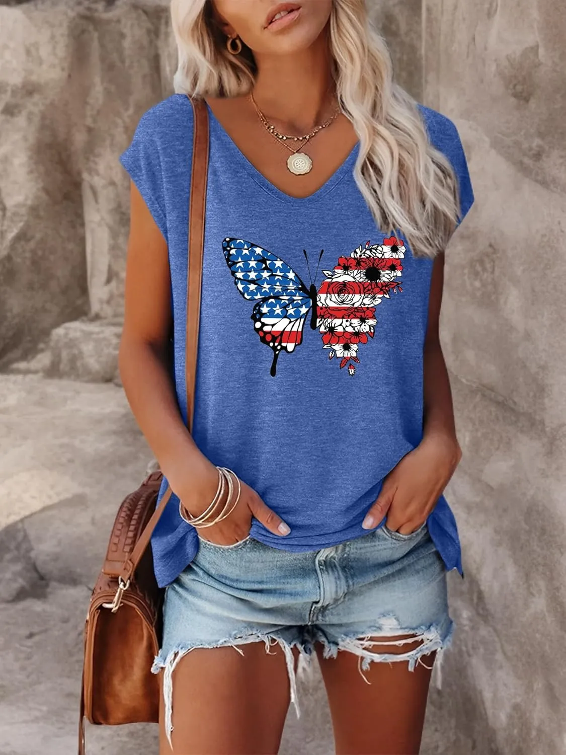Anbech Cap Sleeve Tops Women Graphic V Neck Shirt Solid Print Casual T-Shirts