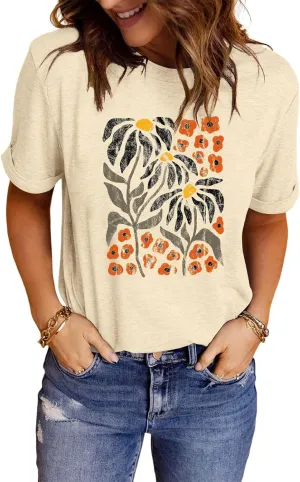 Anbech Womens Dandelion Graphic T-Shirts Teen Girls Cute Sunflower Print Casual Tee Tops