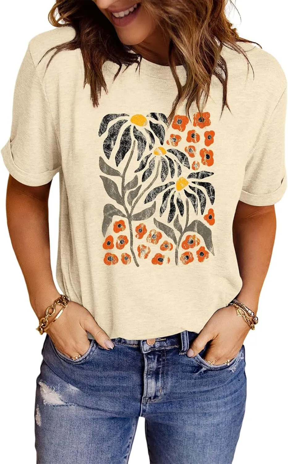 Anbech Womens Dandelion Graphic T-Shirts Teen Girls Cute Sunflower Print Casual Tee Tops