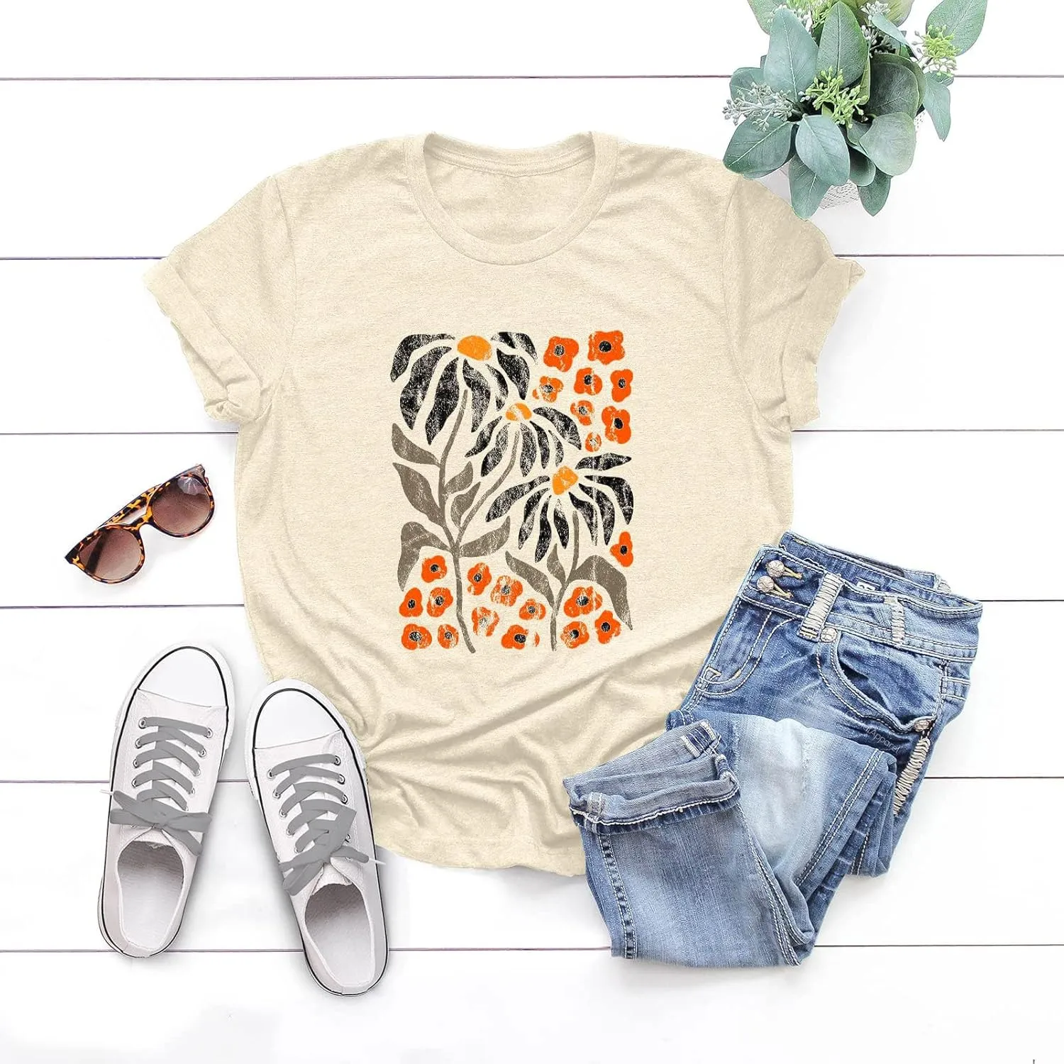 Anbech Womens Dandelion Graphic T-Shirts Teen Girls Cute Sunflower Print Casual Tee Tops