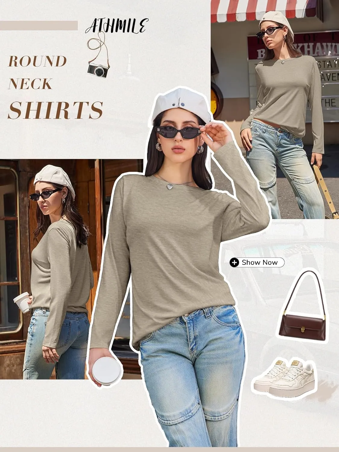 ATHMILE Womens Long Sleeve Shirts Basic Tee Fall Trendy Spring Top Business Casual Beach Vacation Workout 2025 Fashion