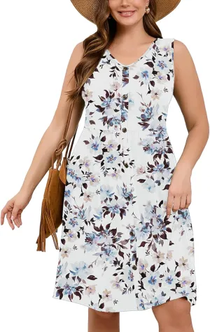 AusLook Plus Size Women Summer Dress Sleeveless V Neck Casual Cute Loose Sundress Peony 3X Comfy Swing Button Down Midi Work Flowy Tunic Ladies Beach Vacation Teacher Dresses with Pockets