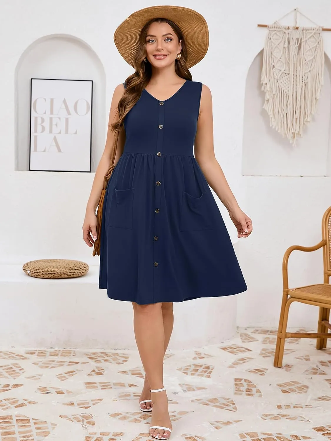 AusLook Plus Size Women Summer Dresses Sleeveless Casual Loose Swing Button Down Midi Dress with Pockets 1X-5X