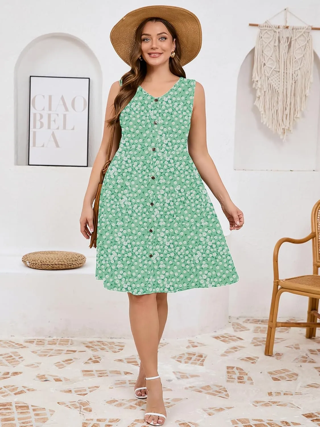 AusLook Plus Size Women Summer Dresses Sleeveless Casual Loose Swing Button Down Midi Dress with Pockets 1X-5X