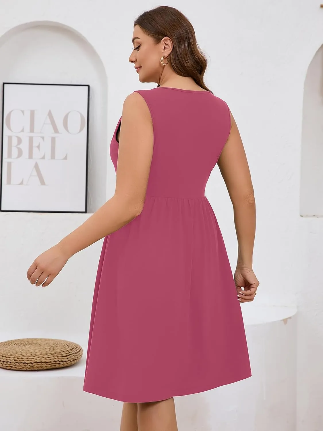 AusLook Plus Size Women Summer Dresses Sleeveless Casual Loose Swing Button Down Midi Dress with Pockets 1X-5X