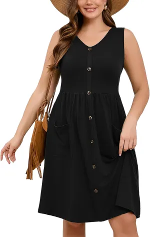 AusLook Plus Size Women Summer Dresses Sleeveless Casual Loose Swing Button Down Midi Dress with Pockets 1X-5X