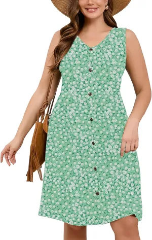 AusLook Plus Size Women Summer Dresses Sleeveless Casual Loose Swing Button Down Midi Dress with Pockets 1X-5X