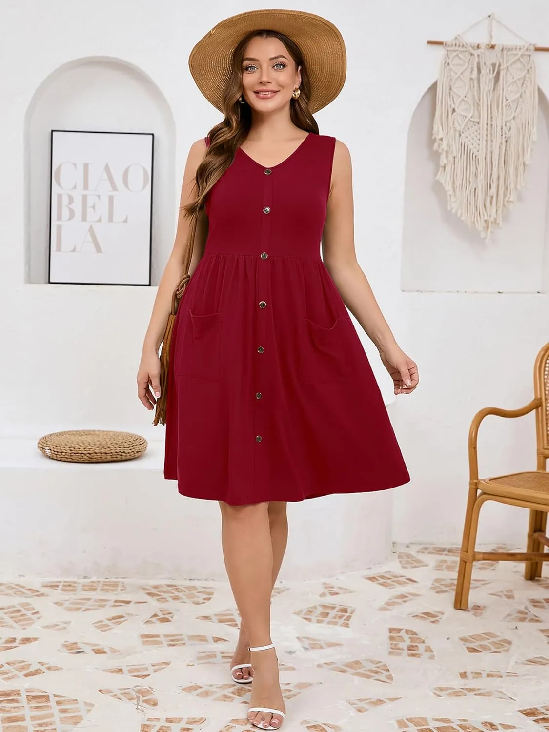 AusLook Plus Size Women Summer Dresses Sleeveless Casual Loose Swing Button Down Midi Dress with Pockets 1X-5X