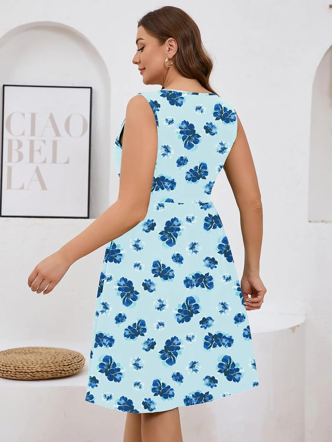 AusLook Plus Size Women Summer Dresses Sleeveless Casual Loose Swing Button Down Midi Dress with Pockets 1X-5X