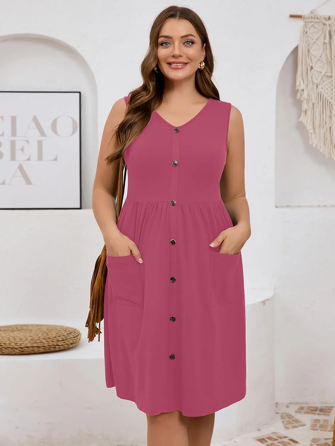 AusLook Plus Size Women Summer Dresses Sleeveless Casual Loose Swing Button Down Midi Dress with Pockets 1X-5X