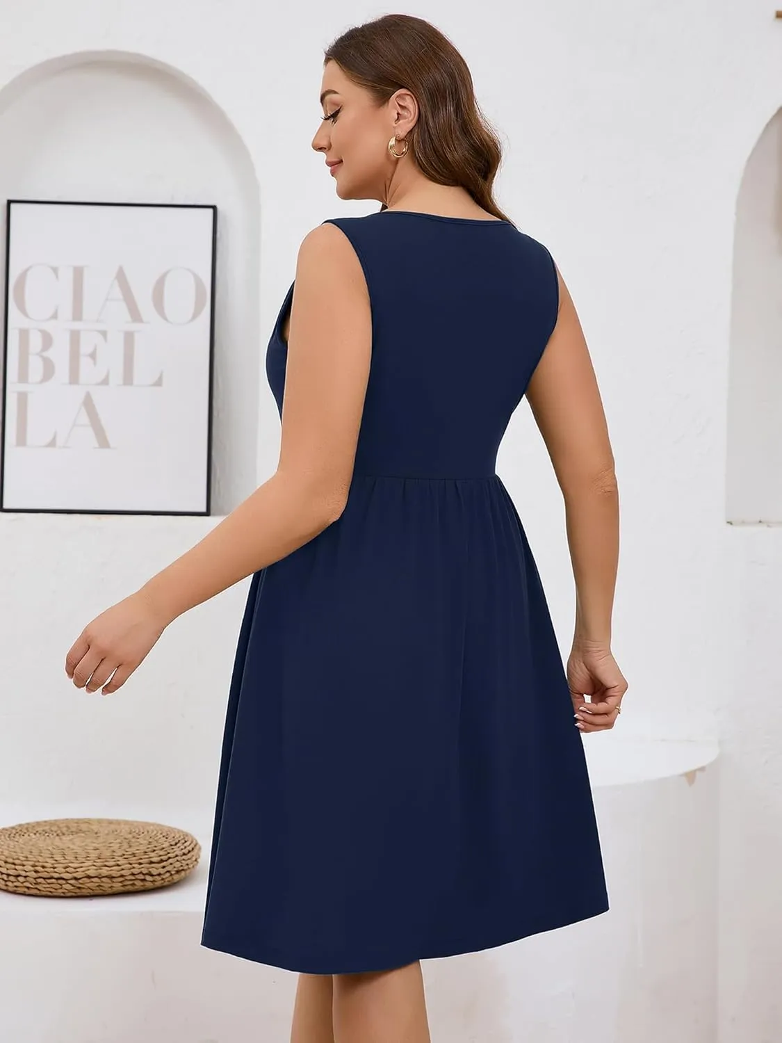 AusLook Plus Size Women Summer Dresses Sleeveless Casual Loose Swing Button Down Midi Dress with Pockets 1X-5X