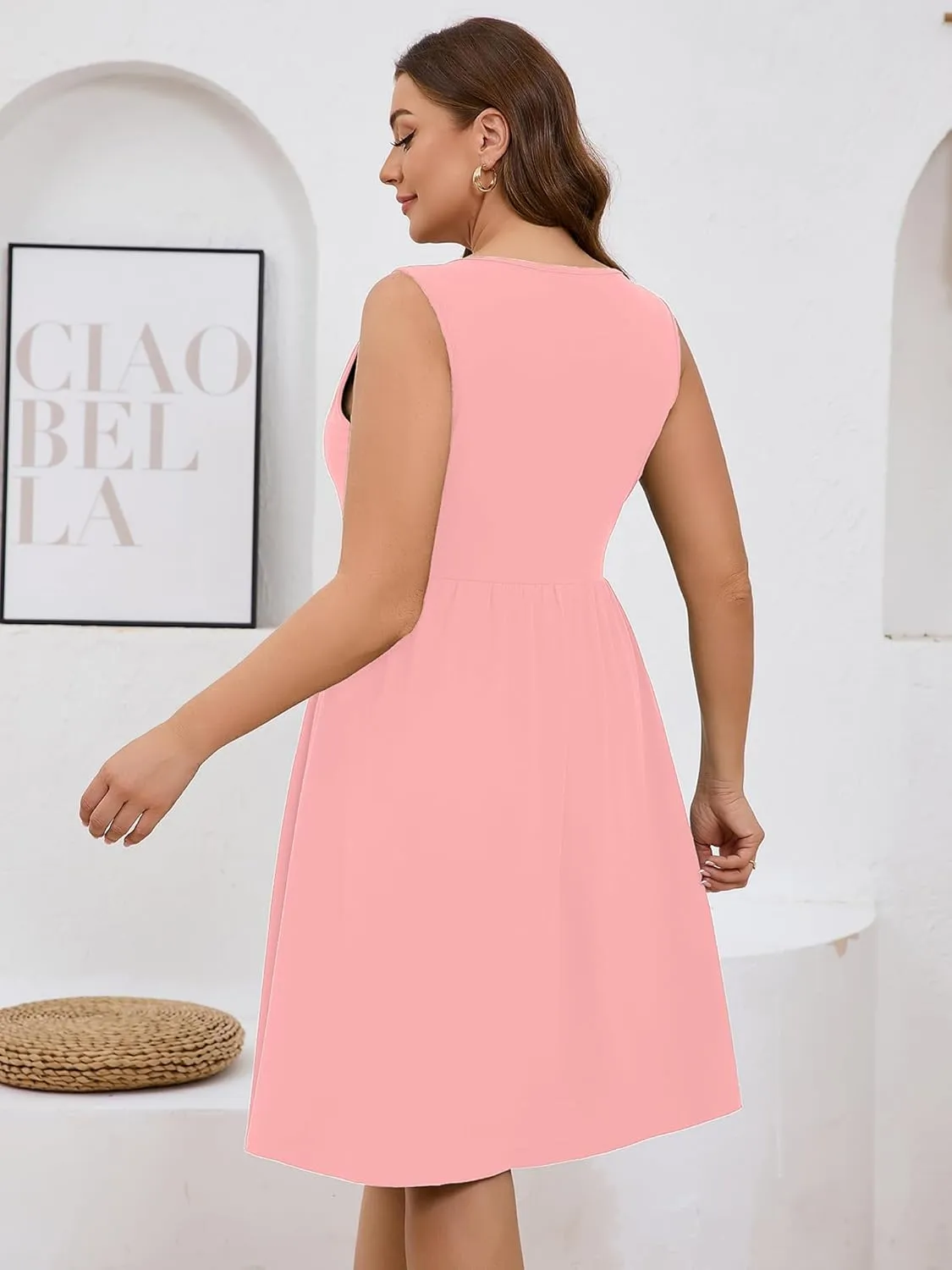 AusLook Plus Size Women Summer Dresses Sleeveless Casual Loose Swing Button Down Midi Dress with Pockets 1X-5X