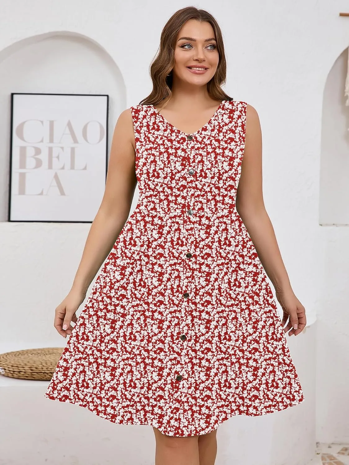 AusLook Plus Size Women Summer Dresses Sleeveless Casual Loose Swing Button Down Midi Dress with Pockets 1X-5X
