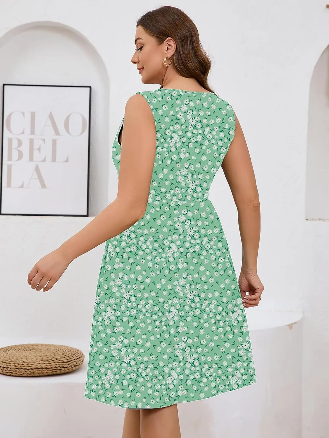 AusLook Plus Size Women Summer Dresses Sleeveless Casual Loose Swing Button Down Midi Dress with Pockets 1X-5X