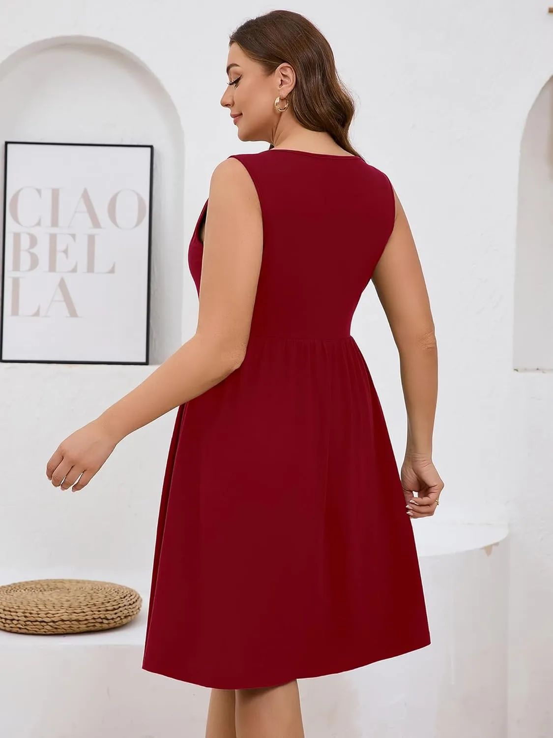 AusLook Plus Size Women Summer Dresses Sleeveless Casual Loose Swing Button Down Midi Dress with Pockets 1X-5X