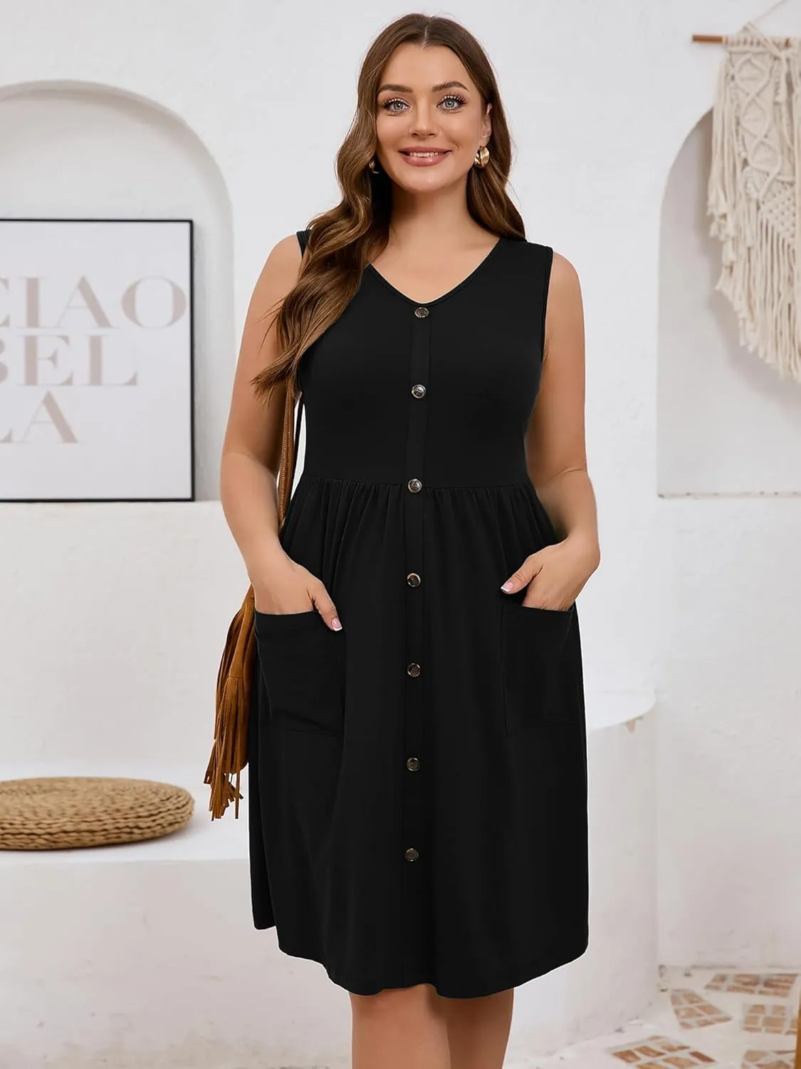 AusLook Plus Size Women Summer Dresses Sleeveless Casual Loose Swing Button Down Midi Dress with Pockets 1X-5X